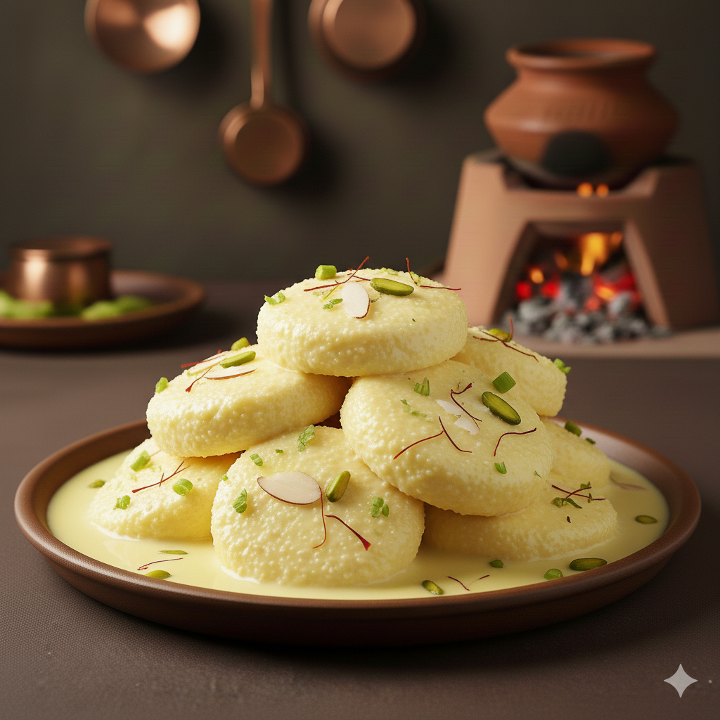 Soft Rasmalai cottage cheese dumplings in saffron milk dessert