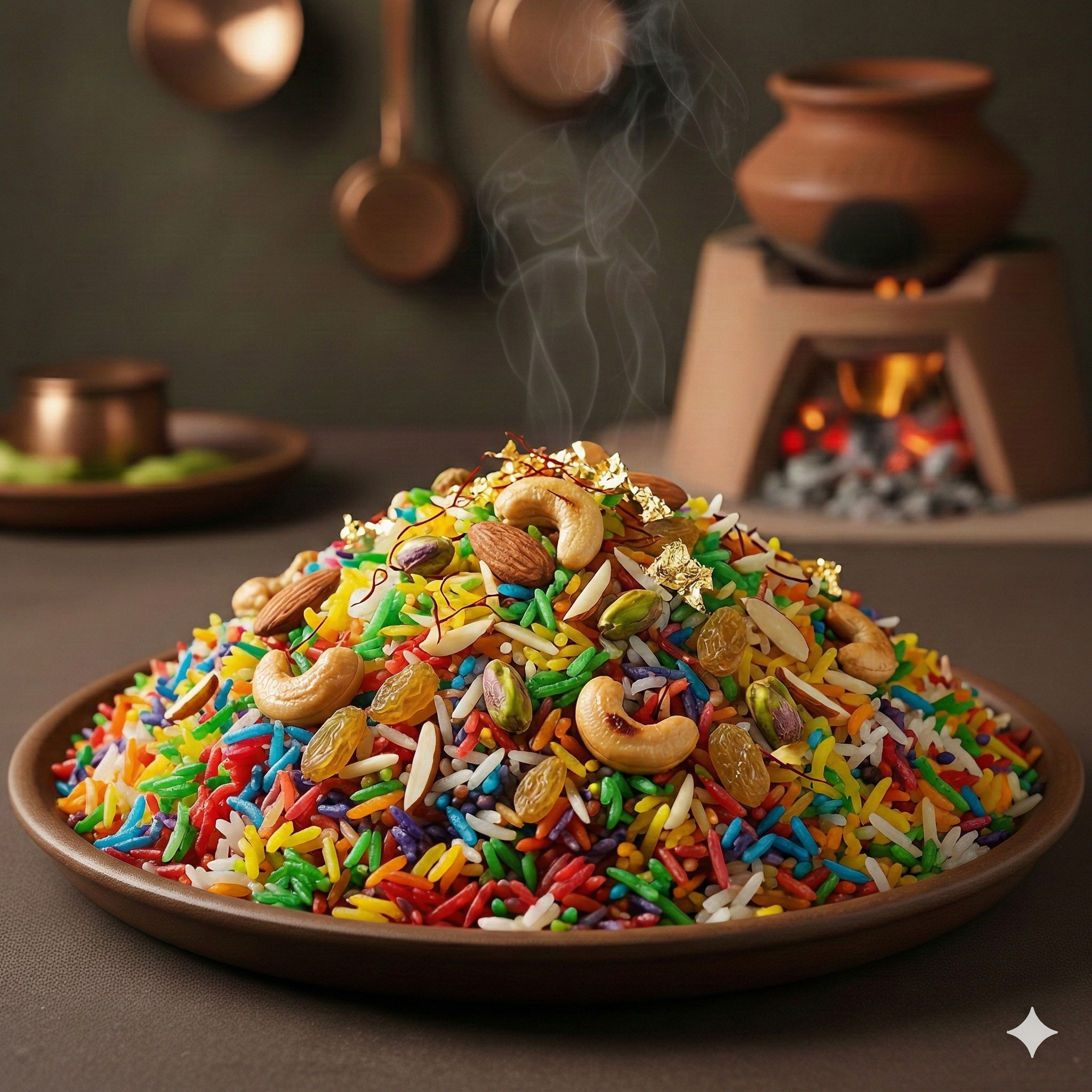 Traditional sweet Zarda colored rice garnished with nuts and dry fruits